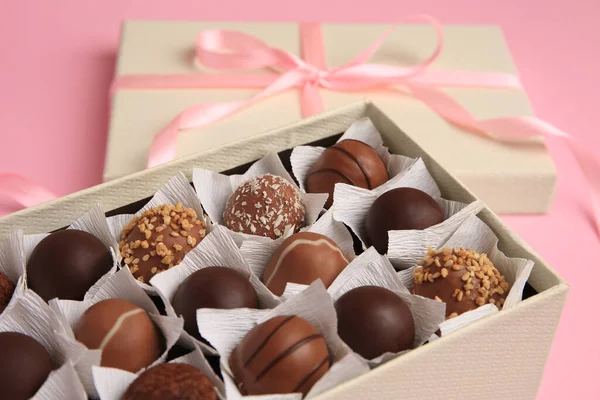 Box Delicious Chocolate Candies Pink Background Closeup Stock Photo
