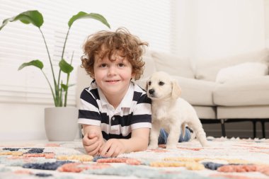 Evdeki halıda sevimli köpek yavrusu olan küçük çocuk.