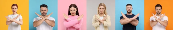Gente Mostrando Gesto Stop Diferentes Fondos Color Collage Con Fotos — Foto de Stock
