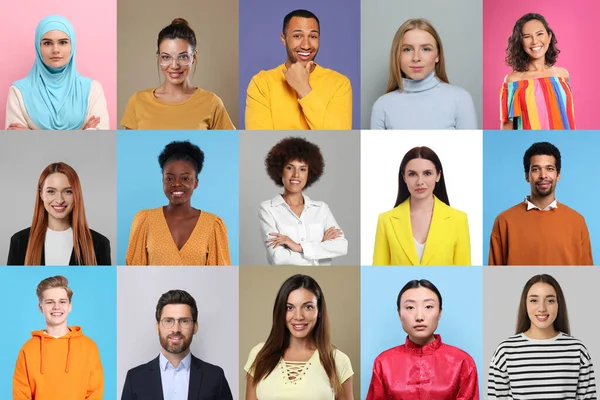Collage Con Retratos Personas Diferentes Fondos Color — Foto de Stock