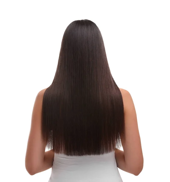Žena Zdravými Vlasy Ošetření Bílém Pozadí Pohled Zezadu — Stock fotografie