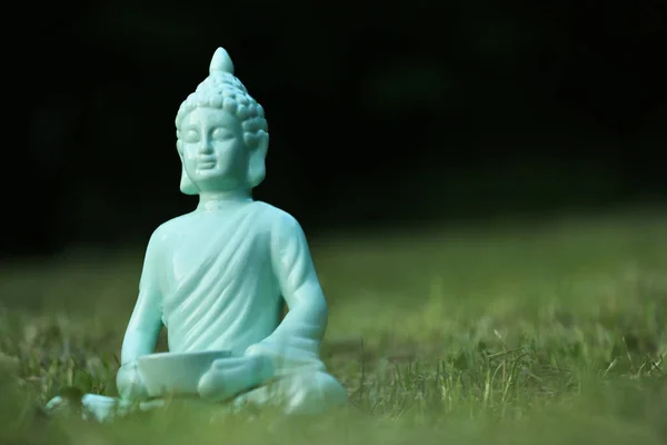 Dekorative Buddha Statue Grünen Gras Freien Platz Für Text — Stockfoto