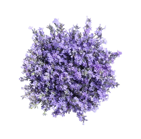 Bukett Med Vackra Lavendel Blommor Isolerade Vit Ovanifrån — Stockfoto