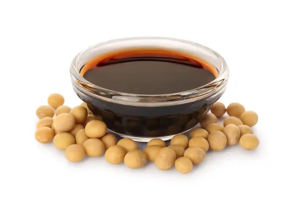 Bowl Soy Sauce Soybeans White Background Royalty Free Stock Photos