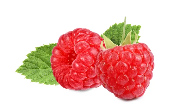 Fresh Ripe Raspberries Green Leaves Isolated White Royalty Free Stock Images