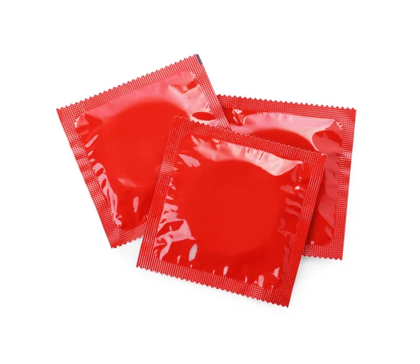 Kondom Csomagok Elszigetelt Fehér Felső Nézet Biztonságos Szex — Stock Fotó