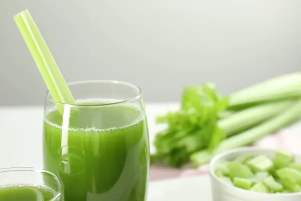 Glass Delicious Celery Juice Vegetables White Table Closeup Space Text — Stock Photo, Image