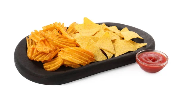 Tasty Tortilla Ridged Chips Ketchup White Background — Stock Photo, Image