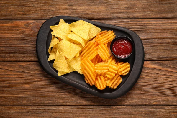 Tasty Tortilla Ridged Chips Ketchup White Wooden Table Top View — Stock Photo, Image