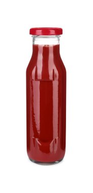 Beyaz üzerine izole edilmiş bir şişe lezzetli ketçap.