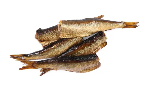 Many Tasty Smoked Sprats Isolated White Top View — Stock Photo, Image