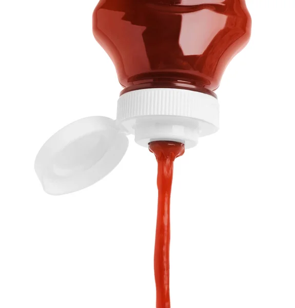 Verter Sabroso Ketchup Rojo Botella Aislado Blanco — Foto de Stock