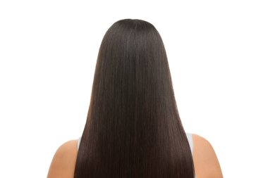 Woman with healthy hair after treatment isolated on white, back view clipart
