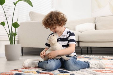 Evdeki halıda sevimli köpek yavrusu olan küçük çocuk.