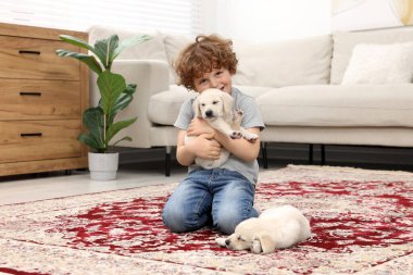 Evdeki halıda sevimli köpekleri olan küçük bir çocuk.