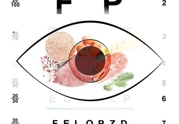Improving eyesight. Vision test chart and different food, double exposure