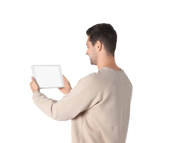 Man Met Tablet Met Blanco Scherm Witte Achtergrond Mockup Voor — Stockfoto