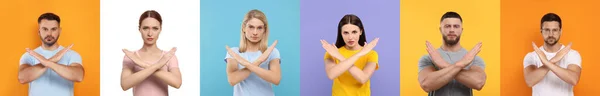 Folk Som Visar Stopp Gest Olika Färg Bakgrunder Collage Med — Stockfoto