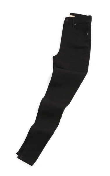 Stijlvolle Zwarte Jeans Geïsoleerd Wit Bovenaanzicht — Stockfoto