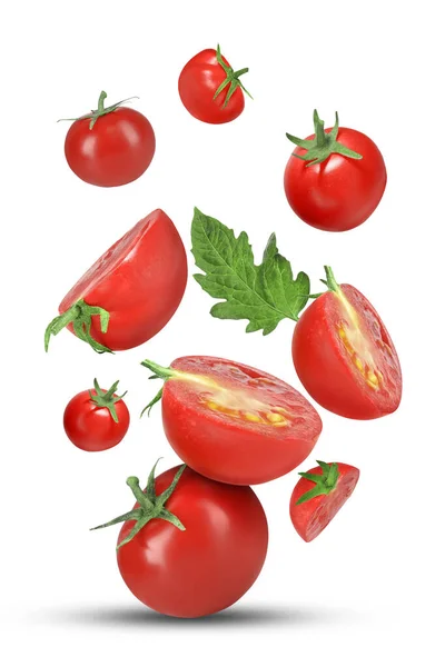 Many Fresh Ripe Tomatoes Falling White Background — Stock Photo, Image