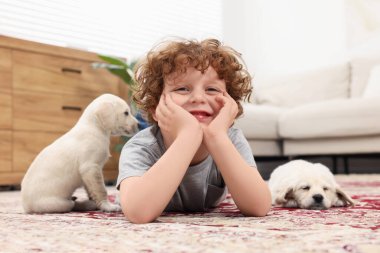 Evdeki halıda sevimli köpekleri olan küçük bir çocuk.