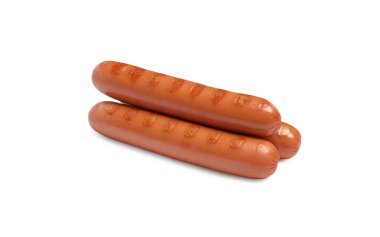 Beyaz arka planda leziz ızgara sosisler. Sosisli sandviç malzemeleri.