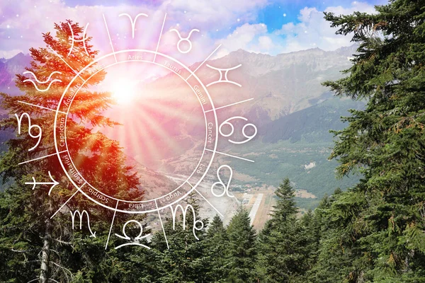 Zodiac wheel and green conifer forest in mountains