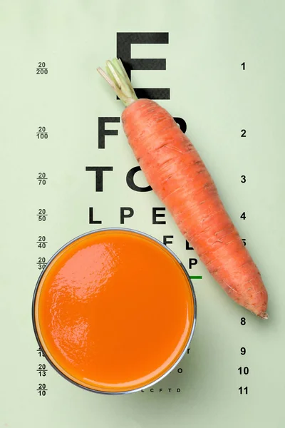 Improving eyesight. Carrot juice on vision test chart, top view