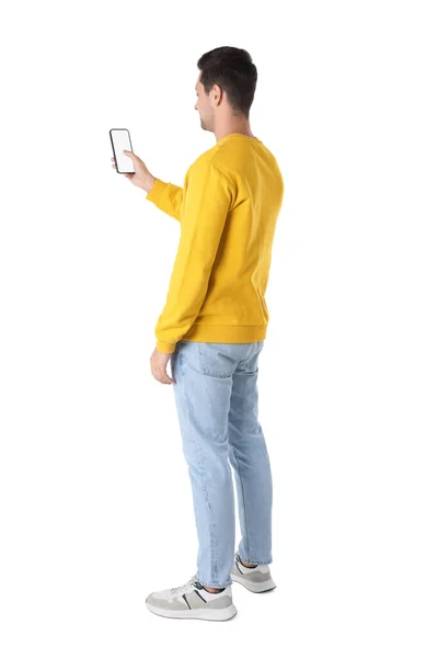 Man Using Smartphone Blank Screen White Background — Stock Photo, Image
