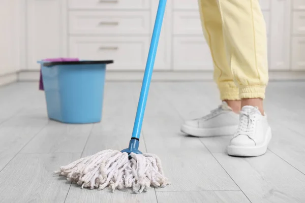 Woman Cleaning Floor Mop Indoors Selective Focus — Stock Photo, Image