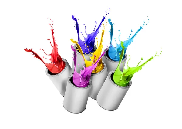 Pintura Diferentes Colores Salpicaduras Latas Sobre Fondo Blanco — Foto de Stock