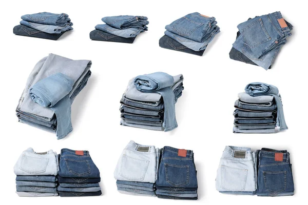 Set Folded Different Jeans White Background — Stock Photo, Image