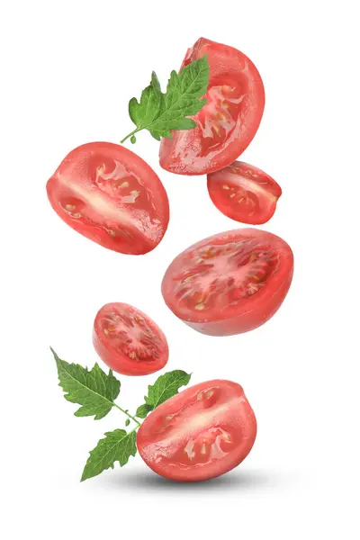 Many Fresh Ripe Tomatoes Green Leaves Falling White Background — Stock Photo, Image