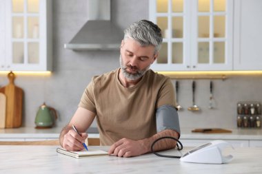 İçerideki masada kan basıncını ölçen adam.