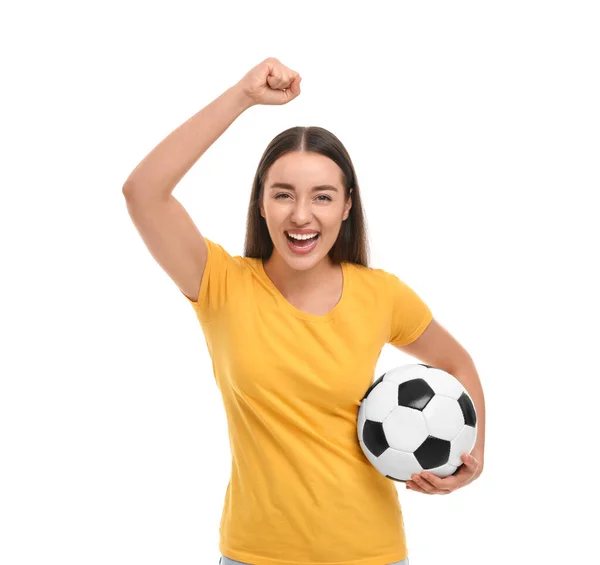 Happy Fan Holding Soccer Ball Celebrating Isolated White — Stock Photo, Image