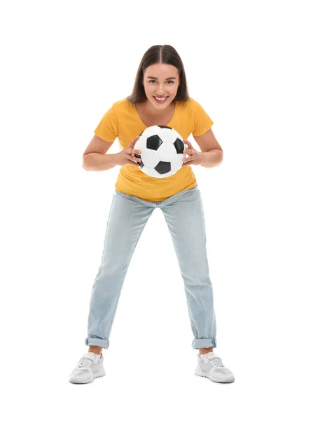 Счастливый Болельщик Футбольным Мячом Белом — стоковое фото