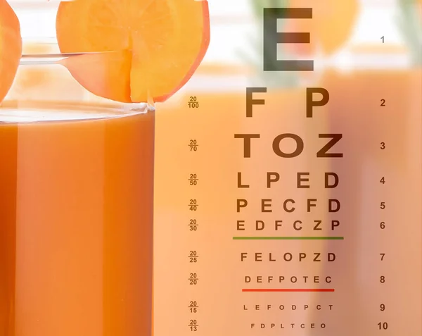 Improving eyesight. Vision test chart and glasses of carrot juice, double exposure