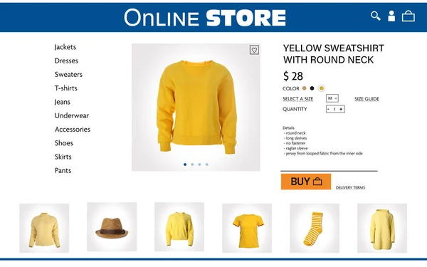 스웨트 셔츠와 정보와 온라인 웹사이트 페이지입니다 이미지는 노트북 태블릿 화면에 — 스톡 사진