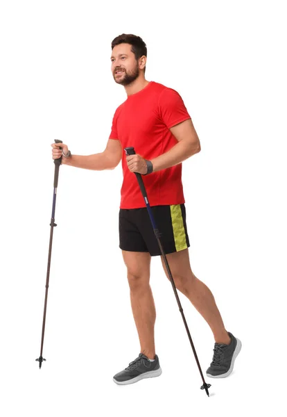 Homem Praticando Caminhada Nórdica Com Postes Isolados Branco — Fotografia de Stock