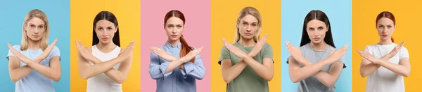 Mujeres Mostrando Gesto Stop Diferentes Fondos Color Collage Con Fotos — Foto de Stock