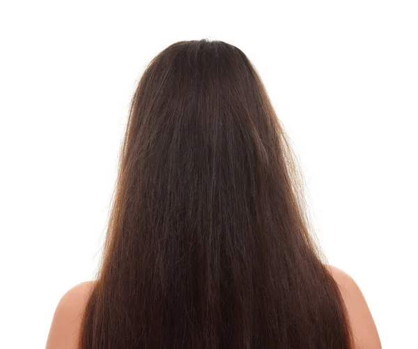 Frau Mit Beschädigten Haaren Vor Der Behandlung Isoliert Auf Weiß — Stockfoto