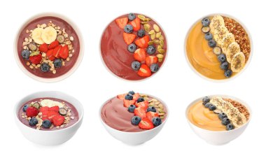 Beyaza izole edilmiş farklı smoothie kaseleri, yan ve üst manzaralı kolaj