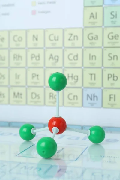 Молекулярная Модель Зеркальной Поверхности Против Периодической Таблицы Крупный План — стоковое фото