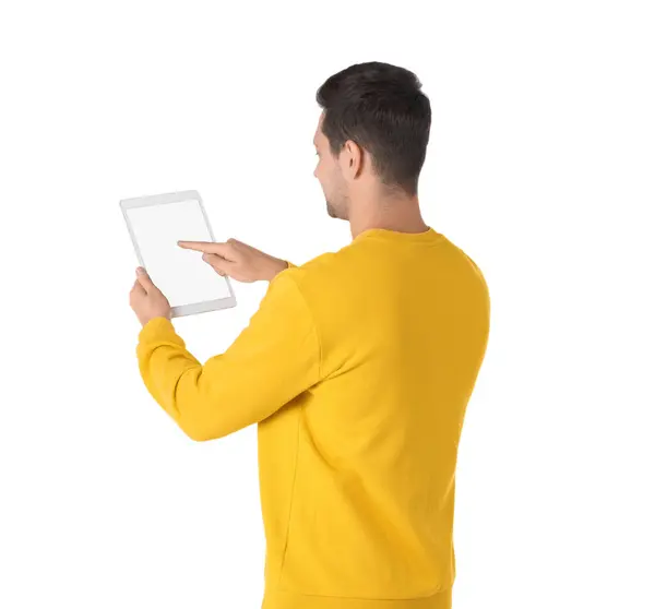 Man Met Tablet Met Blanco Scherm Witte Achtergrond — Stockfoto