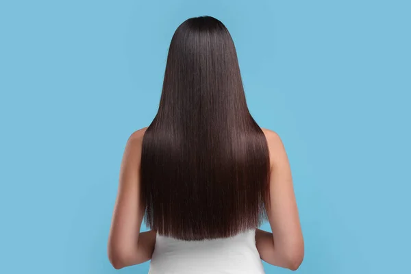 Woman Healthy Hair Treatment Light Blue Background Back View — Stock Photo, Image