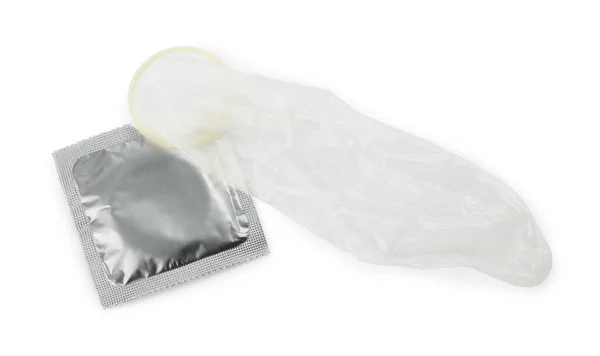 Unrolled Condom Package White Background Top View Safe Sex — Stock Photo, Image