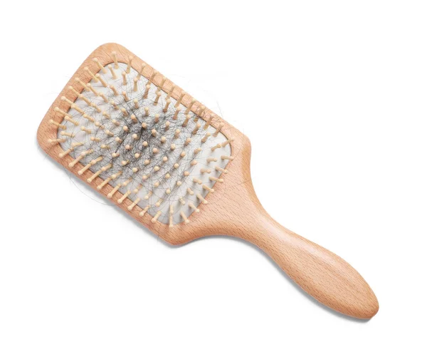 Wooden Brush Lost Hair White Background Top View — Stock Photo, Image