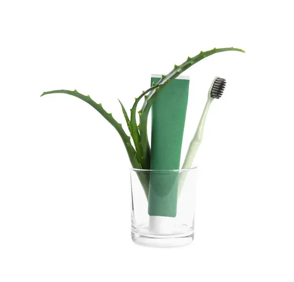 Tube Toothpaste Brush Aloe Vera Leaves Glass White Background — Stock Photo, Image