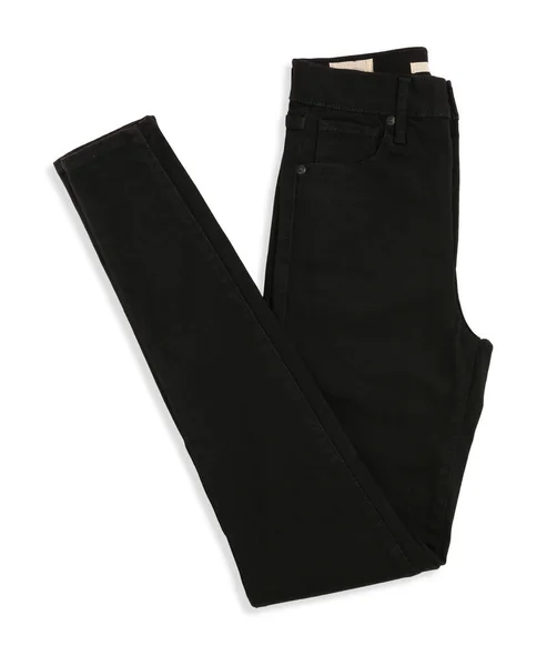 ホワイト トップビューで隔離された折り畳まれた黒いジーンズ — ストック写真