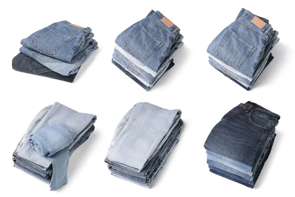 Set Folded Different Jeans White Background — Stock Photo, Image
